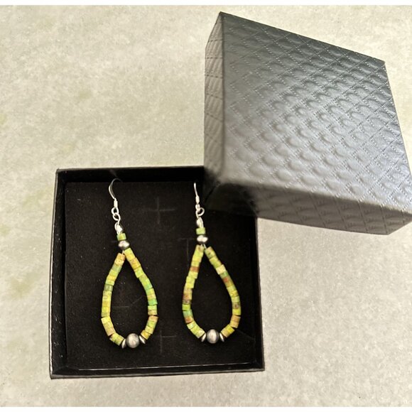 Handmade Navajo Earrings with Turquoise Heishi Beads & Silver Navajo Pendant - Picture 3 of 6